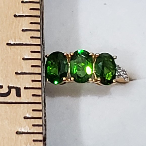 Natural Russian Diopside & White Zircon three stone ring in 14K YG over 925 sz 8 - Picture 2 of 5